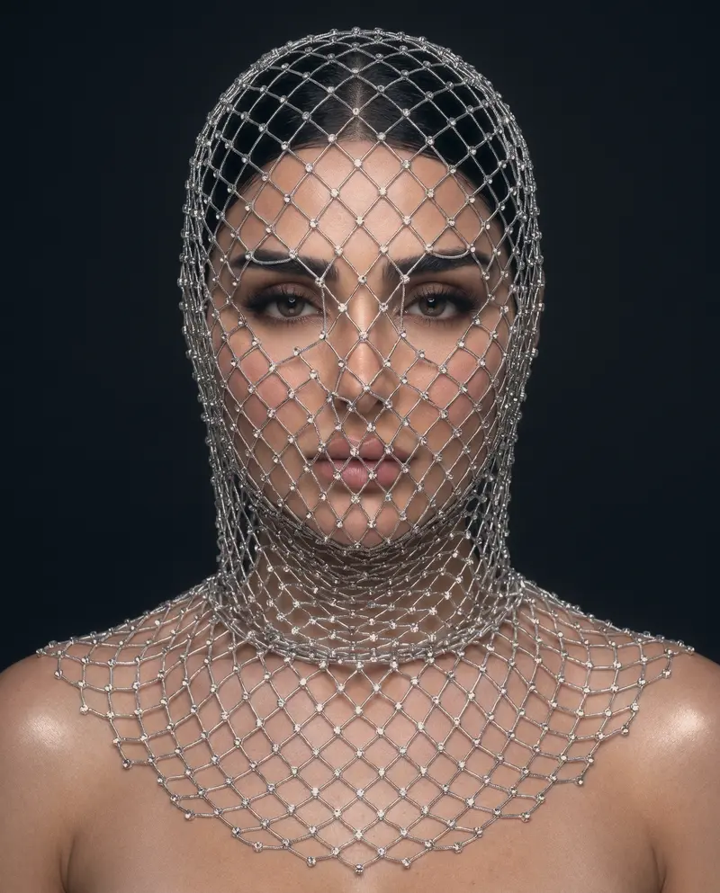 Face framed by a crystal chainmail veil on a black backdrop