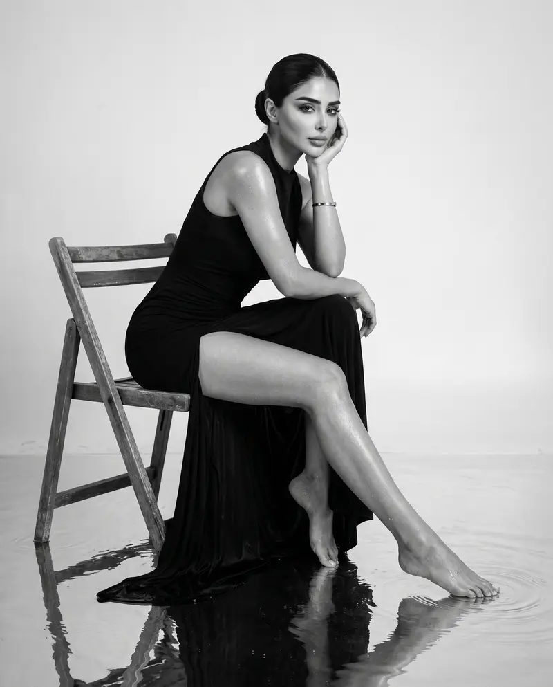 Seated in a black gown on a wooden chair standing in still water