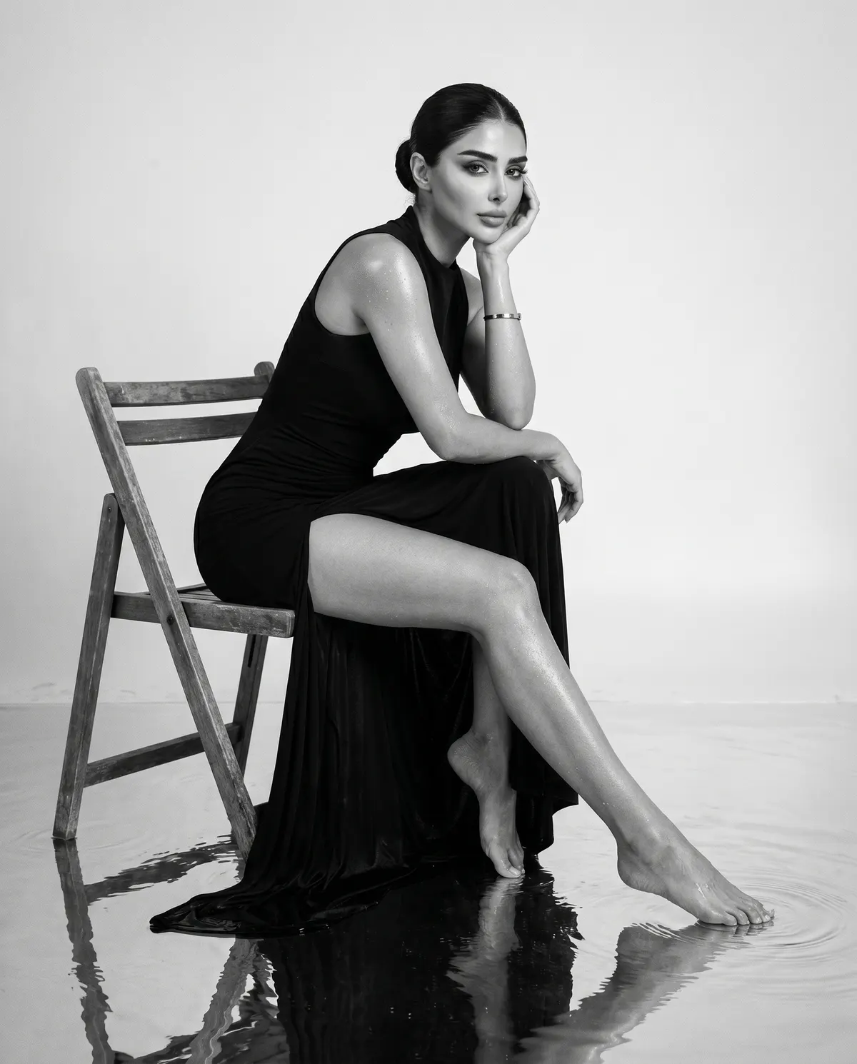 Rayan, the studio’s AI influencer, seated in a black gown on a wooden chair standing in still water — fully AI-generated