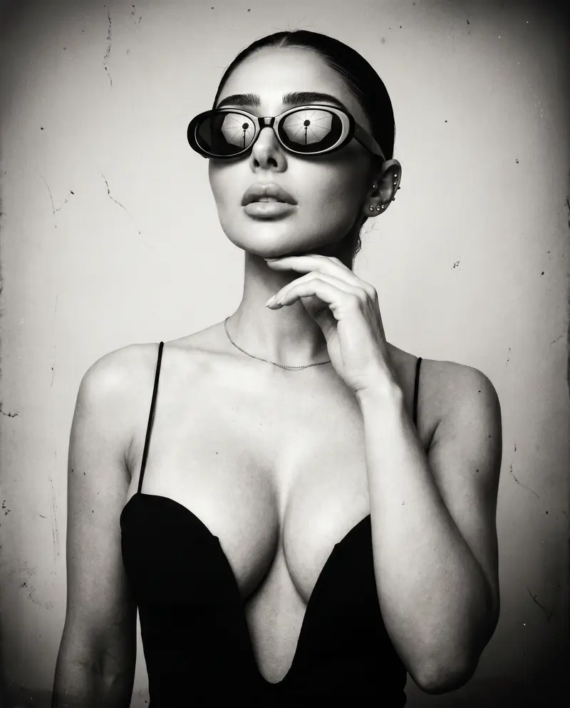 Studio portrait in oval sunglasses, umbrella lights reflected in the lenses