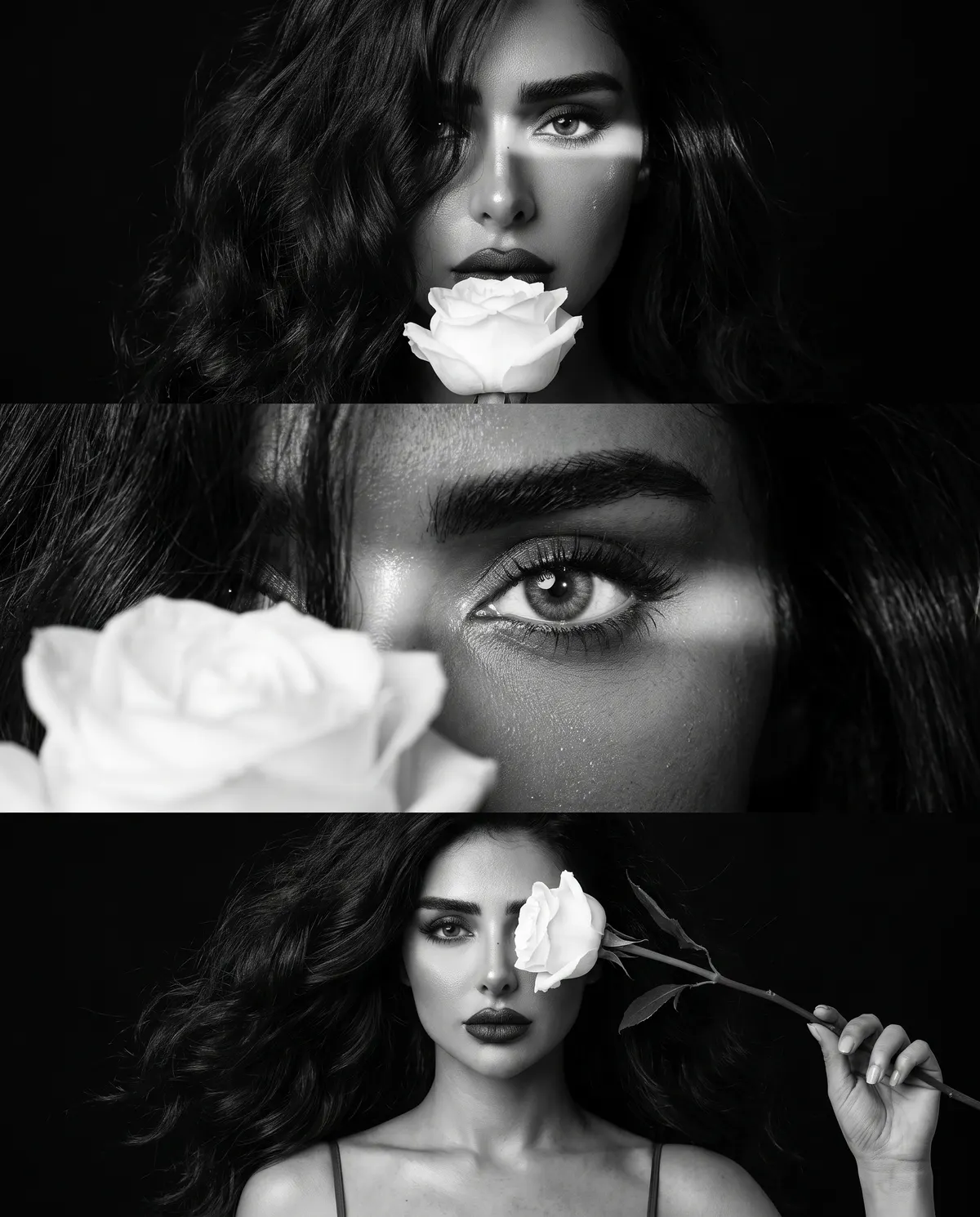 Triptych of Rayan with a white rose: lit portrait, extreme close-up of her eye, and rose held to her brow — all AI-generated