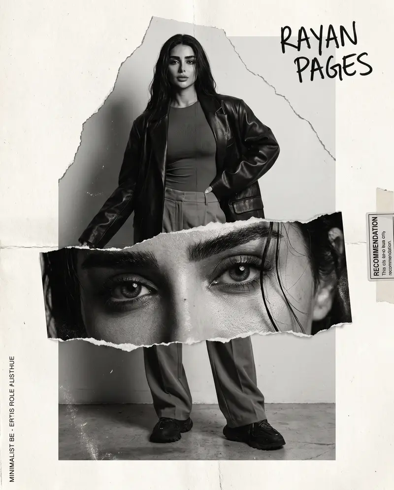 Torn-paper collage: full-length leather look layered over a close crop of the eyes